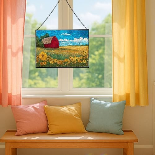 Barn Surrounded by Summer Wildflowers Rectangular Stained Glass Suncatcher – Hanging Window Panel with Animal & Nature Scene – Vibrant Glass Art Gift for Wildlife, Fantasy, Nature Lovers UGt1vK - Image 5