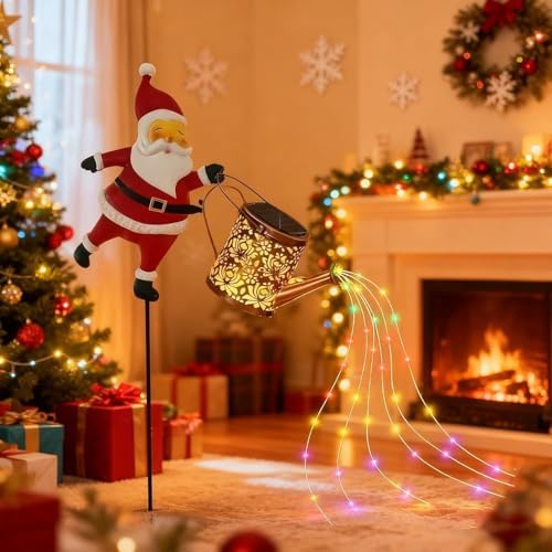 Christmas Santa Solar Kettle Lights Garden Lawn Decorative Lights,Hanging Waterproof Metal Solar Santa Claus Watering Can with LED Light,Outdoor Garden Decor for Backyard,Lawn,Patio (2*Colorful Light) - Image 3