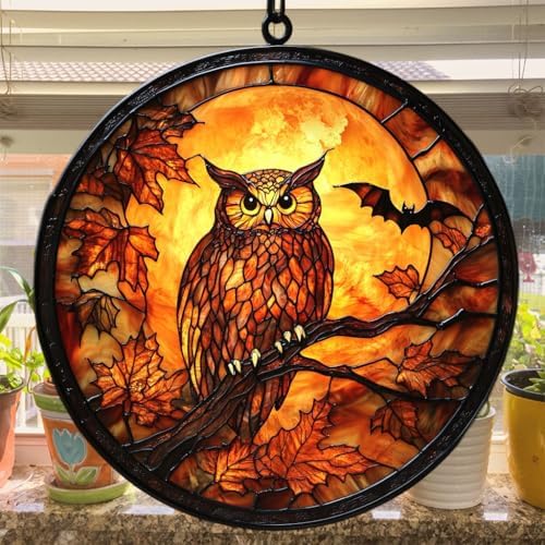 Autumn Fall Owl Maple Leaves Acrylic Suncatcher - Image 4