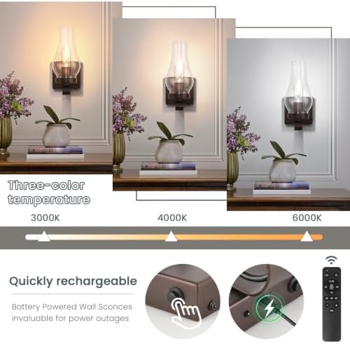 Vintage Battery Operated Wall Sconces Set of 2, Rustic Wall Lights - Image 3
