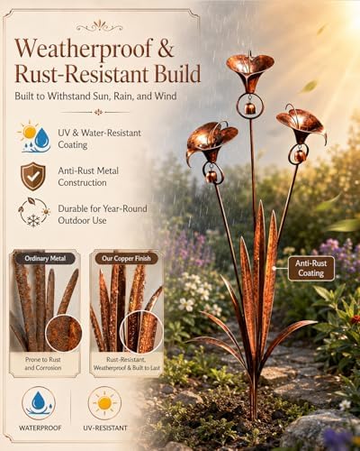 2026 Flamed Copper Three Calla Lilies Garden Stake with Bells, Handmade Metal Flower Rain Catcher Art Decor, Weatherproof Outdoor Yard Sculpture for Lawn, Patio and Pathway Decoration - Image 5