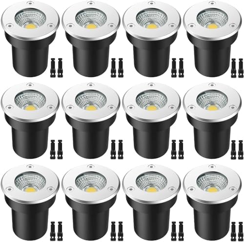 LED Landscape Lights, 12 Pack 7W Ground Lights With 24 Connectors, Low Voltage In-Ground Well Pathway Lighting, Daylight White, Waterproof for Driveway, Deck, Garden by Unknown