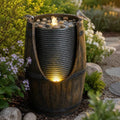 Outdoor Water Fountain with Bird Waterer, Rustic Barrel Garden Fountain with LED Lights and Pump, Faux Wood Resin Water Feature for Patio Backyard Porch Yard by Unknown