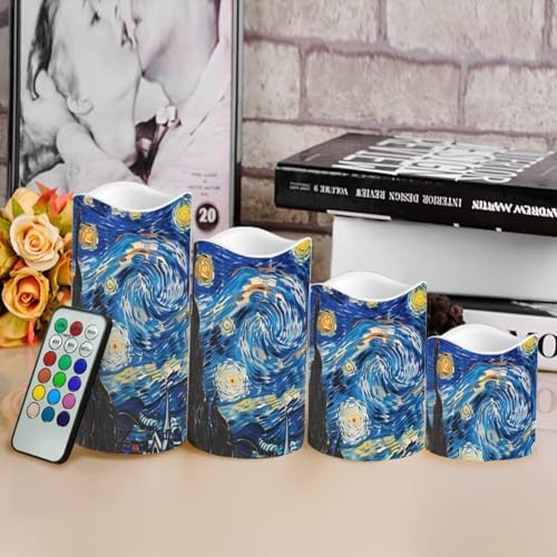 Battery Operated Candles with Remote Timer Flameless Candles Tea Lights Color Changing Electric Fake Plastic Pillar LED Candles Outdoor Home Room Decor Set of 4 Starry Sky Oil Painting - Image 4