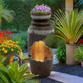 Outdoor Water Feature with Planter, Tiered Cracked Urn Water Fountain with Waterfalls, Garden Fountain with LED Lights for Patio, Yard, Porch and Home Décor, Terracotta Brown by USSerenaY