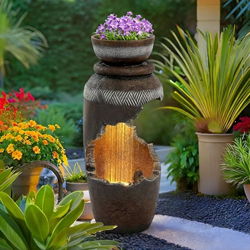 Outdoor Water Feature with Planter, Tiered Cracked Urn Water Fountain with Waterfalls, Garden Fountain with LED Lights for Patio, Yard, Porch and Home Décor, Terracotta Brown by USSerenaY