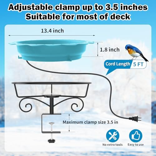Heated Bird Bath for Deck Railing, 100W Heated Birdbath for Outdoors, Blue - Image 5