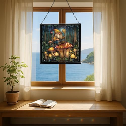 Garden Toad Gnome Stained Glass Suncatcher – Square Hanging Window Panel for Home or Greenhouse – Whimsical Glass Art Gift for Garden Lovers, Christmas, Halloween, Father Days ztAlXH - Image 6