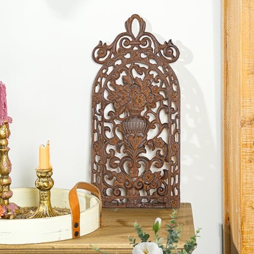 Sungmor Vintage Cast Iron Wall Plaque -Scroll and Floral Vase Design,Rust - Image 4