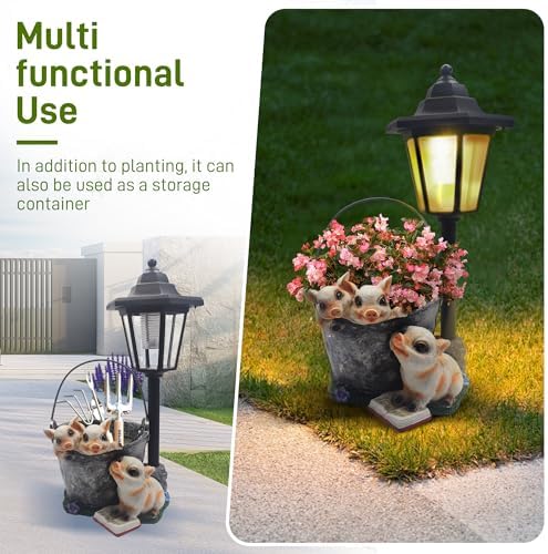 Outdoor Pigs Statues Solar Sculptures with Solar Lights and Flowerpot Funny Garden Decor Animal Figurines Resin Outdoor Statues for Patio Yard Lawn Balcony Gifts - Image 4