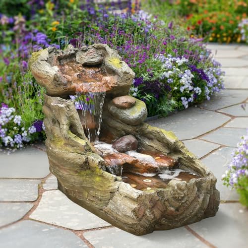32.5" L Garden Outdoor Water Fountain, Floor Standing Cascading Realistic Tree Trunk Natural Waterfall Outdoor Fountains with LED Lights for Patio, Porch, Home Art Decor - Image 5
