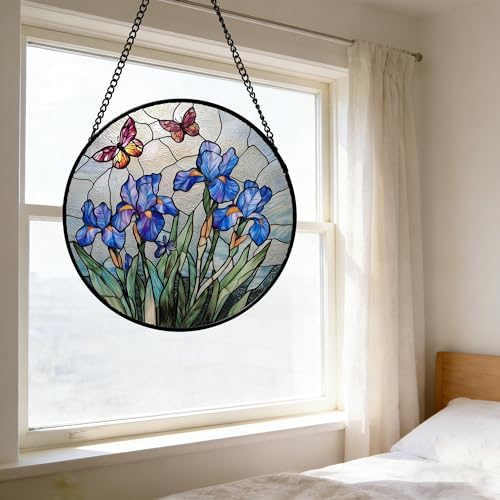Purple Iris Butterfly Stained Glass Window Hanging Suncatcher Gifts 15" - Image 6
