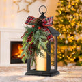Christmas Decorative Lantern with LED Candle – Black Holiday Lantern with Pinecones, Red Bow – Battery Operated Christmas Table Centerpiece for Indoor/Outdoor Decor(1pack) by JOHUNT