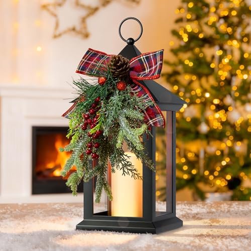 Christmas Decorative Lantern with LED Candle – Black Holiday Lantern with Pinecones, Red Bow – Battery Operated Christmas Table Centerpiece for Indoor/Outdoor Decor(1pack) by JOHUNT