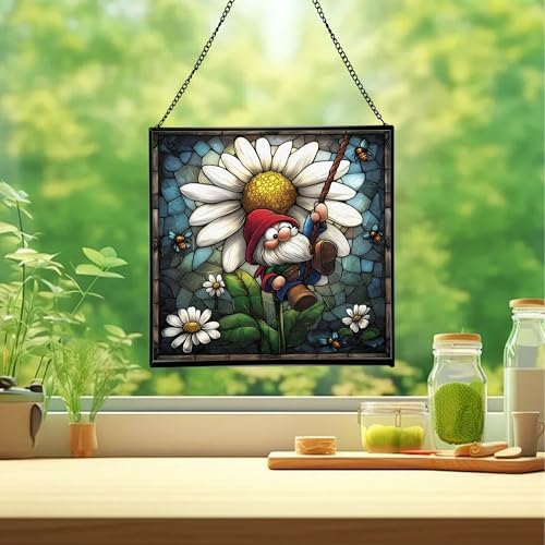 Gnome and Daisy Swing Stained Glass Suncatcher – Square Hanging Window Panel for Home or Greenhouse – Whimsical Glass Art Gift for Garden Lovers, Christmas, Halloween, Father Days eoMJv6 - Image 2