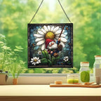 Gnome and Daisy Swing Stained Glass Suncatcher – Square Hanging Window Panel for Home or Greenhouse – Whimsical Glass Art Gift for Garden Lovers, Christmas, Halloween, Father Days eoMJv6 - Image 2