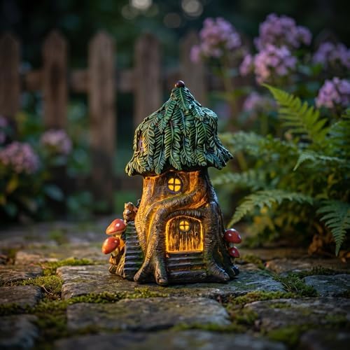 COWOS Solar Light Fairy Tree House, Fairy Garden House Statues, Tree House Figurines with Solar Light for Indoor Outdoor Art Decorations, Patio Yard Lawn Ornaments Gift - Image 5