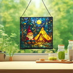 Night Camp Gnome Stained Glass Suncatcher – Square Hanging Window Panel for Home or Greenhouse – Whimsical Glass Art Gift for Garden Lovers, Christmas, Halloween, Father Days zeJ7nJ - Image 2