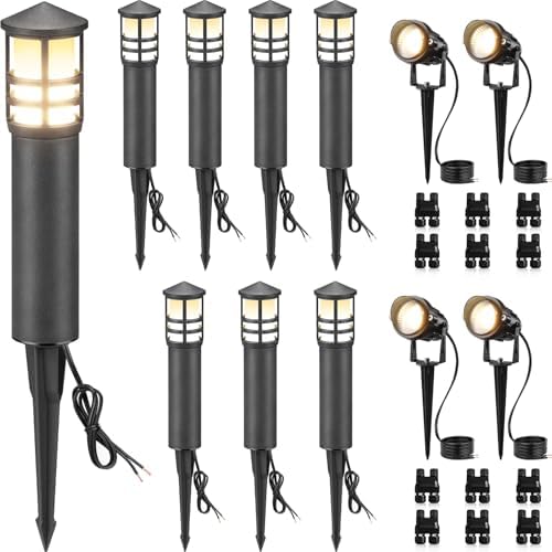 SUNVIE 12-Pack Low Voltage Landscape Lighting Kit LED Bollard Pathway Lights Wired with Spotlights for Garden, Path, Yard, Patio, Cast-Aluminum, IP65 Waterproof, 12-24V AC/DC, 3000K Warm White, Black by SUNVIE