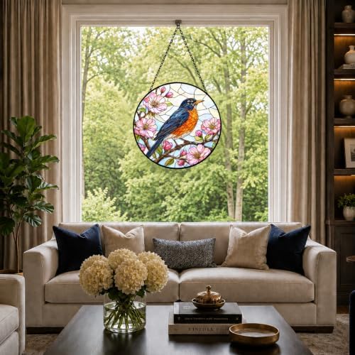 Robin and Cherry Blossom Stained Glass Window Hanging with Metal Chain - Image 5