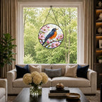 Robin and Cherry Blossom Stained Glass Window Hanging with Metal Chain - Image 5