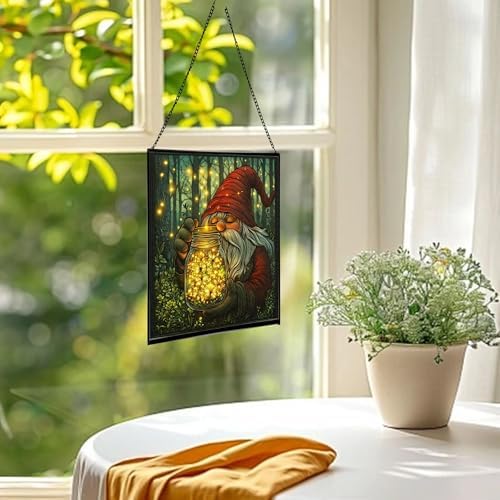 Firefly Jar Gnome Stained Glass Suncatcher – Square Hanging Window Panel for Home or Greenhouse – Whimsical Glass Art Gift for Garden Lovers, Christmas, Halloween, Father Days 4zcs2j - Image 3