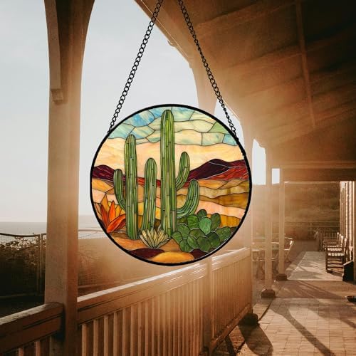 Stained Glass Window Hanging, Green Cactus Sun Catcher for Door Terrace Garden Home Decor, Abstract Desert Landscape Suncatcher Birthday Gifts for Lovers Women Men Dad Mom Nana 11.8 in - Image 5