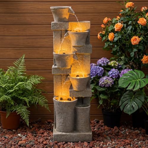 Redlife 49.6" Tall Outdoor Waterfall Fountain, 5-Tier Modern Stone-Look Garden Water Feature with Warm LED Lights & Adjustable Pump, Large Floor-Standing Waterproof Resin Fountain for Patio,Yard, Deck by Redlife