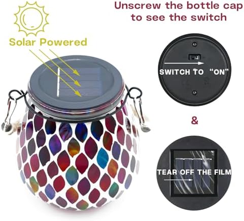 2 Pack Mosaic Red Solar Lanterns, Outdoor Glass Hanging Lights, Waterproof, Solar Table Lamps, Christmas Gifts for Women Mom Grandma, Night Lights, Decoration for Garden, Patio, Yard, Outdoor Decor - Image 6