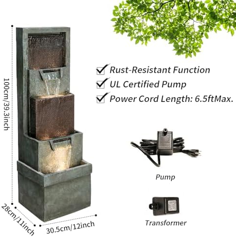 Hamiedun 39.3”H Outdoor Garden Waterfall Fountain-Indoor Water Fountain with LED Lights, for Gardens, Landscaping, Patios, Balconies, Office,and Lawns for a Calming Oasis in Outdoor Living Art Decor - Image 6