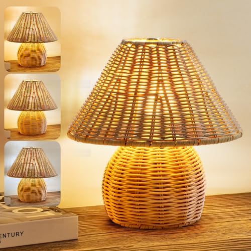 WERFOP Bamboo Table Lamp Handmade Boho Rattan Bedside Lamp,3 Colors Adjustable Vintage Wicker Wooden Nightstand Lamp with E26 Bulb for Bedroom Living Room Desk Entrance by WERFOP