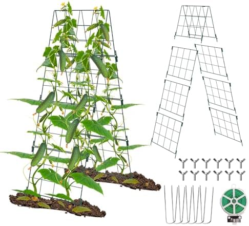 Heavy Duty 48"x16" Adjustable A-Frame Cucumber Trellis for Climbing Plants,iGreely Foldable Frame Rust-Proof Metal Trellis with Dense Grid,Perfect for Raised Beds, Garden,Tomatoes,Outdoor(Green) by iGreely