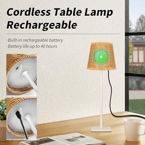 Mr.White Set of 2 Waterproof Outdoor Rechargeable Cordless Table Lamp with Wicker Shade, for Patio Restaurant Kitchen (White) - Image 5