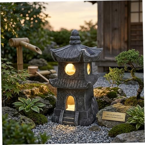 Pagoda Garden Statue - Resin Outdoor Zen Garden Decor with Auto On/Off, Water-Resistant for Patio, Yard, Lawn Pagoda Statue, Lantern, Decor - Image 5