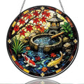 Stained Glass Window Hanging Japanese Koi Pond Maple Leaves Garden Lantern Sun Catchers Tranquil Zen Water Fountain Japanese Style Suncatchers for Home Porch Garden Indoor & Outdoor Decor (9.8x9.8 IN) by Unknown