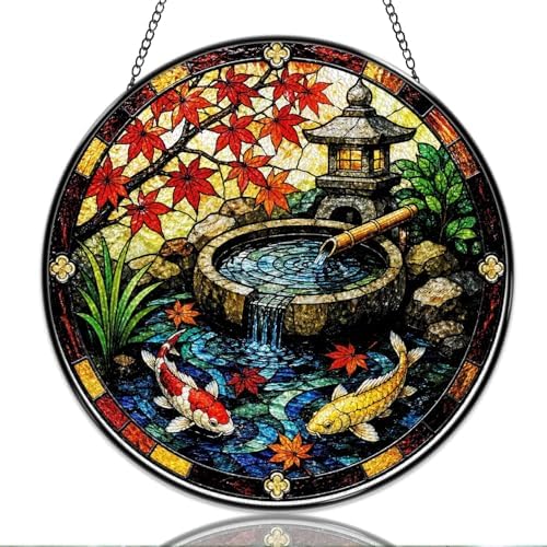 Stained Glass Window Hanging Japanese Koi Pond Maple Leaves Garden Lantern Sun Catchers Tranquil Zen Water Fountain Japanese Style Suncatchers for Home Porch Garden Indoor & Outdoor Decor (9.8x9.8 IN) by Unknown