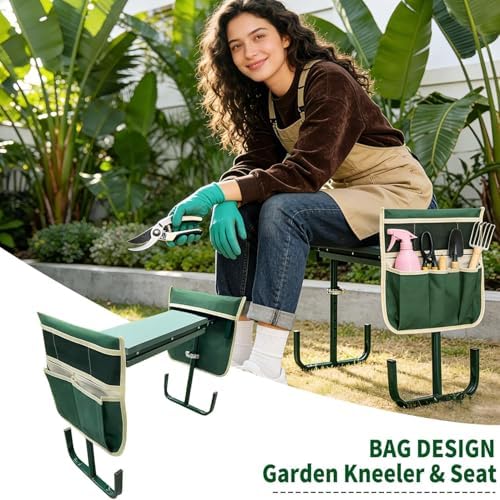 Foldable 2-in-1 Garden Kneeler & Seat, Heavy-Duty Gardening Stool with Soft Kneeling Pad, Tool Pouches, Portable Gardening Bench for Planting, Yard Work & Outdoor Tasks Green - Image 5