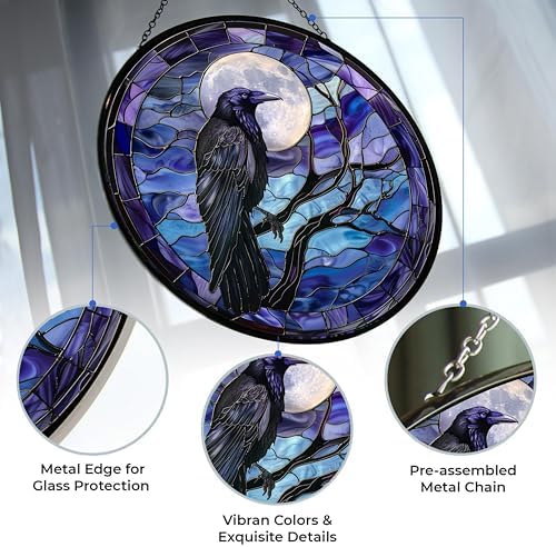 Moon Crow Stained Glass Window Hanging 12' Round Blue Flower Glass Panel Farmhouse Style Suncatcher Perfect Housewarming Gift (with Chain Hook) - Image 2