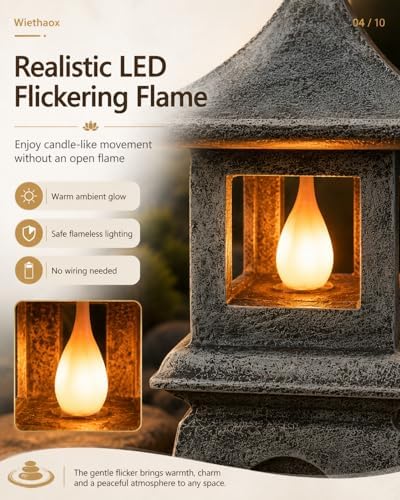 Solar Pagoda Lantern Japanese-Style with LED Flickering Flame Light, Zen Garden Statue Waterproof Resin Stone Finish Outdoor Decorations for Patio Yard Lawn, Housewarming Gifts for Mom Women - Image 3