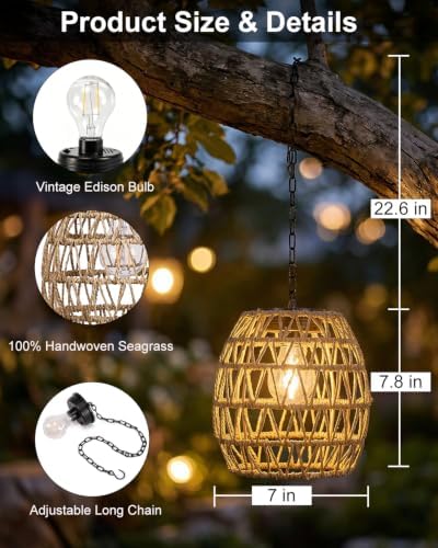 Hanging Solar Lanterns Outdoor Waterproof, Rattan Wicker Hanging Chandelier - Image 6