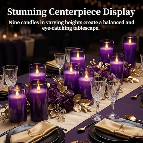 Homemory Purple Flickering Flameless Candles, Battery Operated Acrylic LED Pillar Candles with Remote Control and Timer, Purple Decor, Set of 9 - Image 7