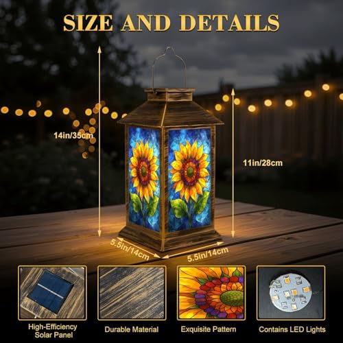 Solar Lantern Outdoor Waterproof Decorative Sunflower Glass Panel Stained Garden Decor LED Solar Lights Hanging/Tabletop Lamp Gifts for Women Mom for Outside Yard Patio - Image 2