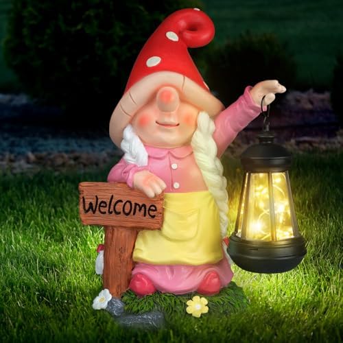 12.4" Solar Garden Gnome Statue with LED Lantern Welcome Sign, Pink by FLJZCZM