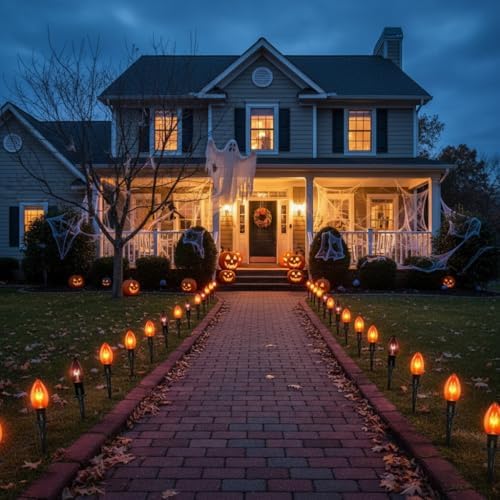 10 Pack Halloween Pathway Stake Lights,19.5ft Halloween Party Decor Walkway Lights with C9 Clear Black&Orange Bulbs for Outdoor Lawn Patio Yard Walkway Garden,Waterproof Clear Black&Orange - Image 6