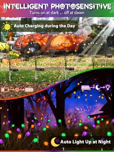 6PK Halloween Decorations Outdoor Solar Firefly Lights Orange Purple Green - Image 4