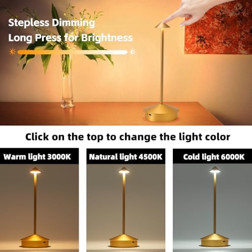 2 Pack Aluminum Cordless Table Lamp, 6000mAh Rechargeable Table Lamps, Portable Touch LED Lamp, Outdoor Waterproof Dimmable Cordless Rechargeable Table Lamps for Restaurant/Patio-(Gold) - Image 5