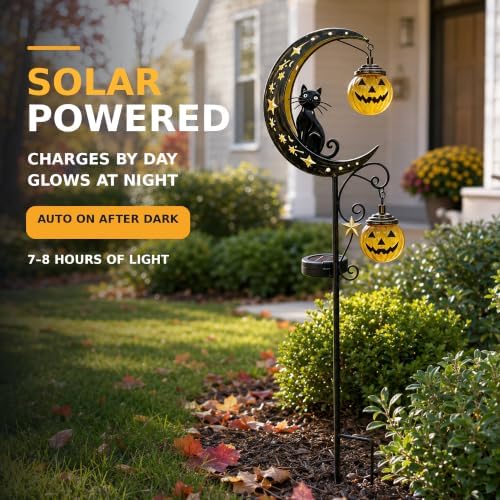 Halloween Solar Garden Stake Light Outdoor Halloween Decorations with Crescent Moon Black Cat Glowing Pumpkin Lantern Waterproof Metal Yard Decor Auto On/Off for Garden Lawn Pathway and Porch - Image 3