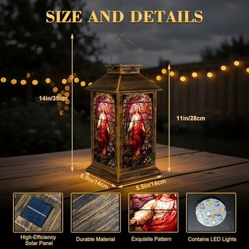 Solar Lantern Outdoor Waterproof Gethsemene Stained Glass Texas Garden Decor LED Hanging Solar Lights Tabletop Lamp Gifts for Women Mom Outside Yard Patio Porch - Image 2