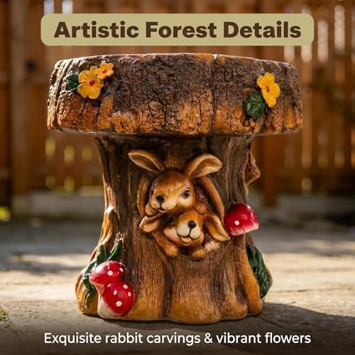 Brown Outdoor Garden Mushroom Stool with Rabbit Carvings - Image 4