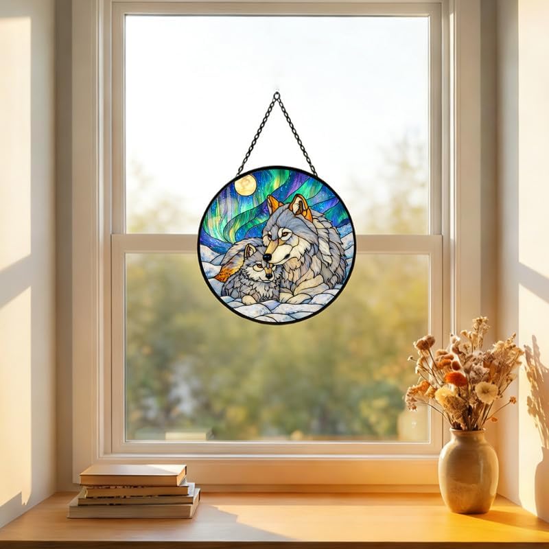 Stained Glass Window Hanging Suncatcher 11.8 in Wolf Family Aurora Scene Colorful Glass Panel Sun Catcher for Window,Window Hanging Decor for Home,Housewarming Gift - Image 2